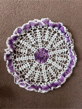 Vintage Crocheted Doily Ruffled Edge White & Purple
